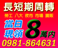 【長短期週轉 當日現領】現金週轉 有工作來電就借 | 勞工 夜市 攤販 市場 八大 8萬內